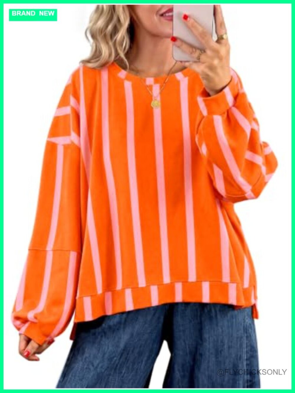 Womens Oversized Striped Long Sleeve Sweatshirt Color Block Crew Neck